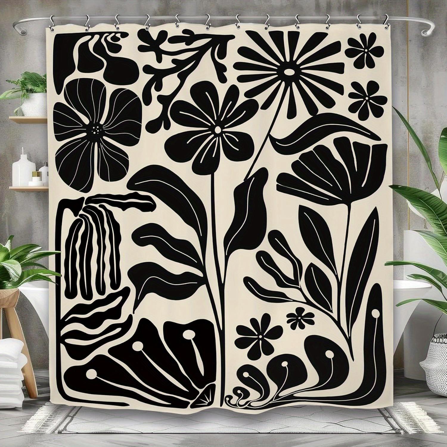 

Black And White Floral Waterproof Shower Curtain With Abstract Flower Pattern For Modern Bathroom Decor Accessories W60H190(CM)-1 Pcs