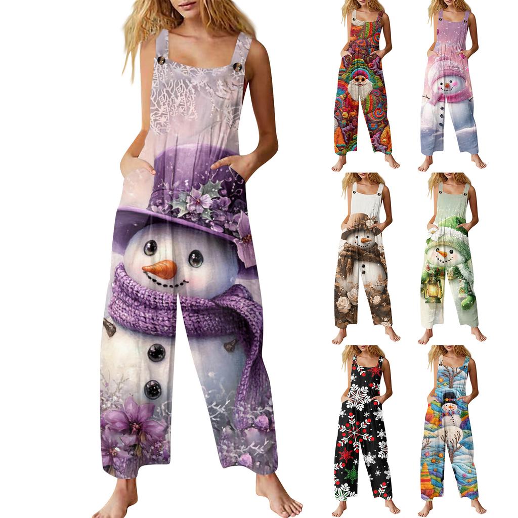 Damen Casual Weihnachts-Jumpsuit Ärmelloser Baumwoll-Jumpsuit mit Aufdruck