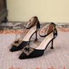 Temperament socialite fine heel satin hollow high heels  summer rhinrhine-buckle large size 41 to 43