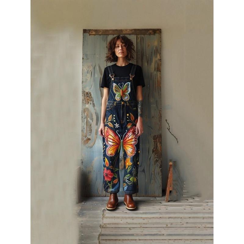 Overalls Sommer Damen Hosen Denim-Imitat Gerade geschnittene Hosen Vielseitige Lockere Gerade geschnittene Hosen 1D Digitaldruck