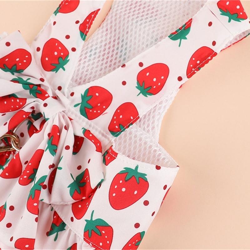 Lovely Strawberry Print Pet Dress Harnesses Holiday Washable Pet Costume with Bowknot and Matching Leashes