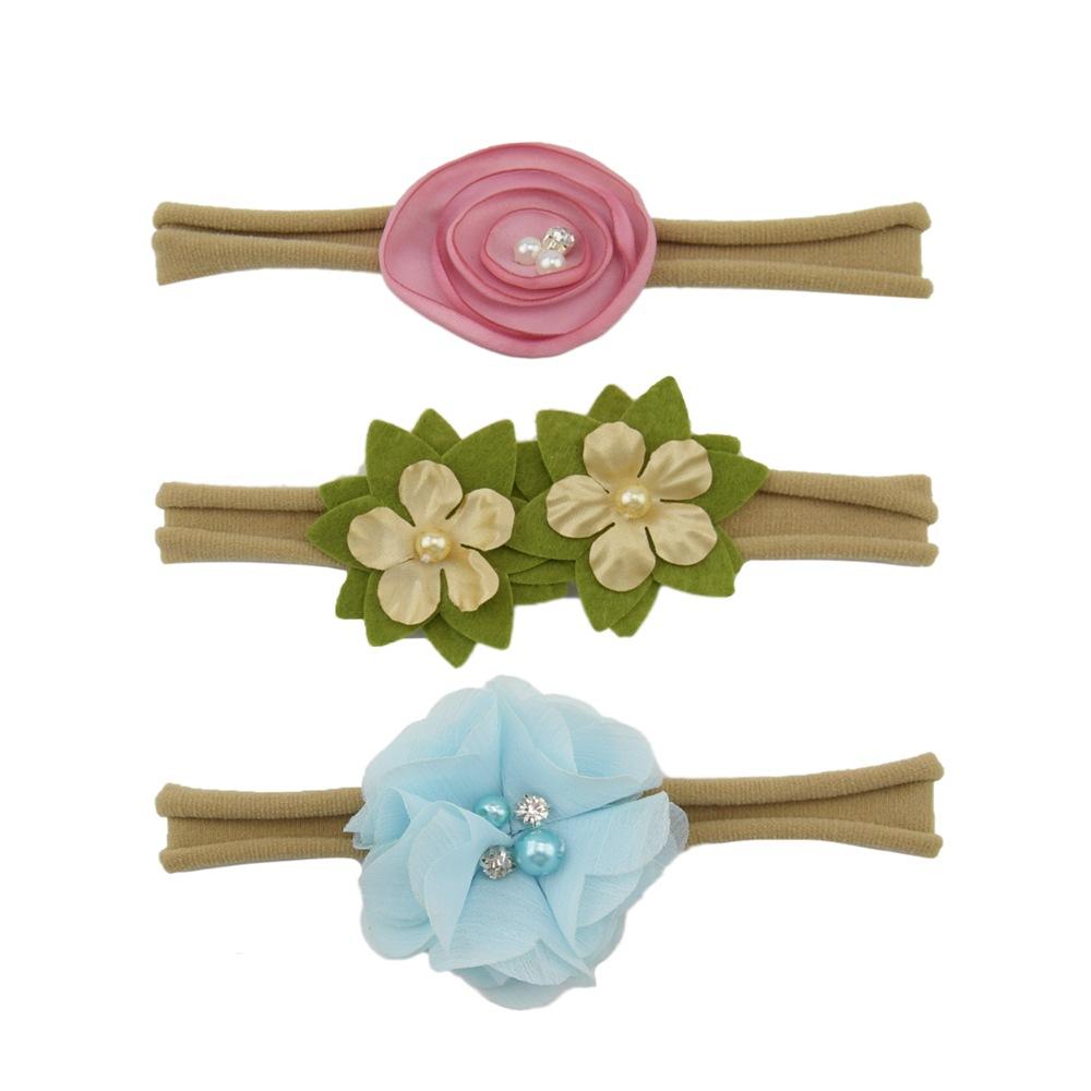 Children'S Nylon Headband Three-Piece Elastic Soft Headband Green Flower Headgear Versatile Head Flower Set