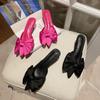 Mode Nœud Papillon en Soie Talons Bas Chatons Pantoufles Femme Mules à Enfiler Chaussures Bout Pointu Robe de Bureau Tongs Dames Fête Diapositives