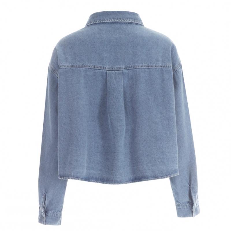 Shop Women Semi Cropped Collar Neck Button Open Denim Long Sleeve Shirt Dark W