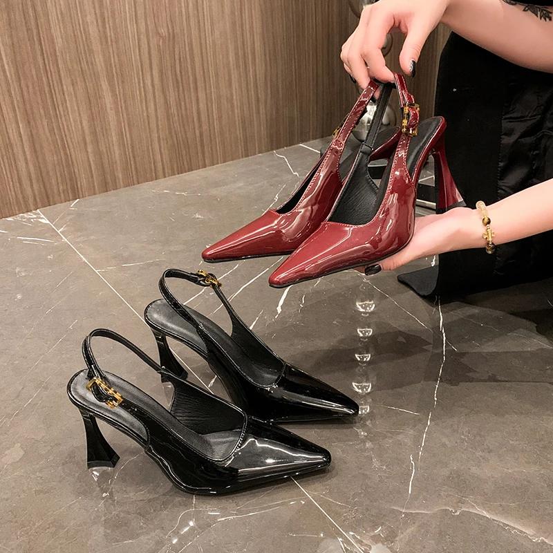Women's 7cm and 9cm Single Shoes with Heels Expose Your Heels Pointed Tip High Heels Women Patent Leather Black Red Shoes Women