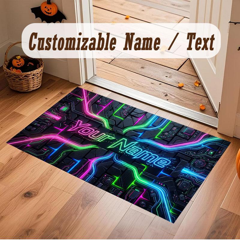 City Cyberpunk Theme Crystal Velvet Floor Rug Personalized Custom Name Text Warm Carpet Home Decoration