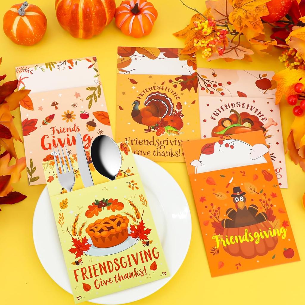 24 Pcs Friendsgiving Decorations Cutlery Holder Set, Thanksgiving Utensil Holder Pockets Table Decor for Friendsgiving Fall Autumn Harvest Party