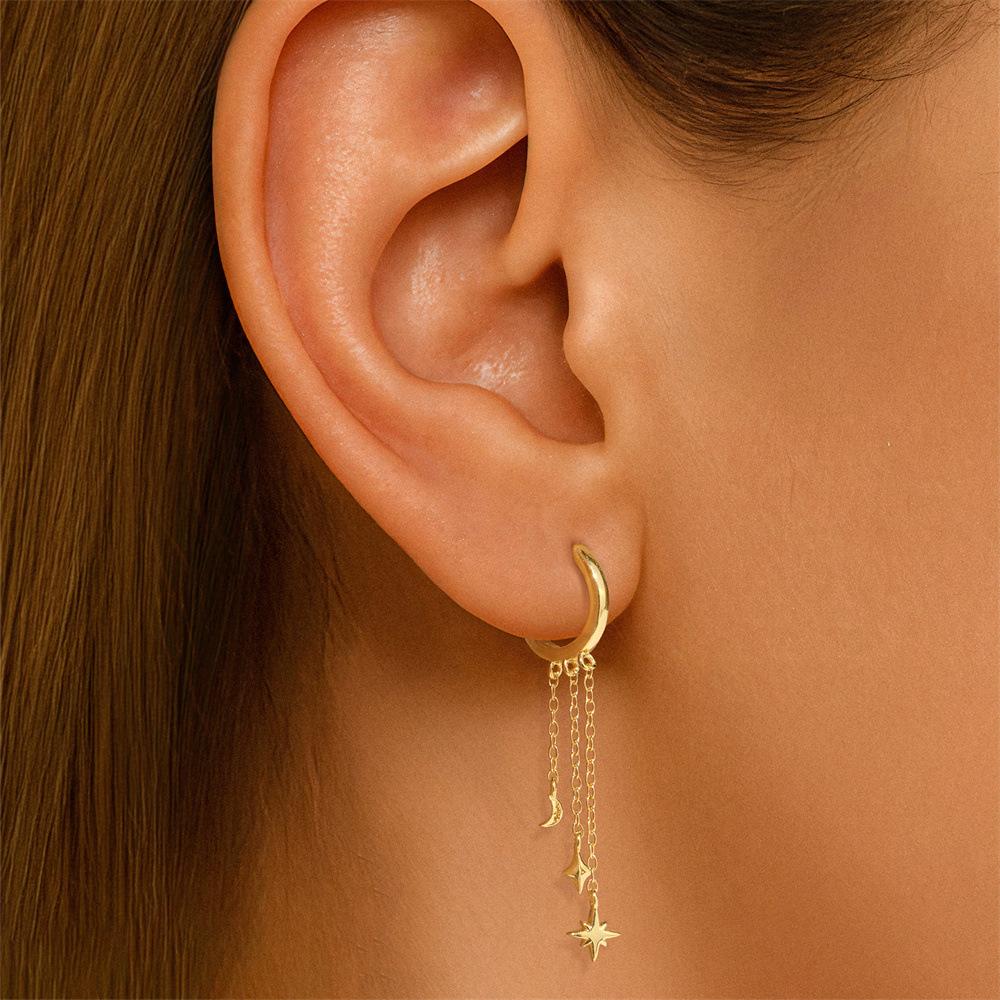Factory Cheap 925 Sterling Silver Star Clover Zircon Long Tassel Chain Gold Plated Dangling Hoop Earrings for Women
