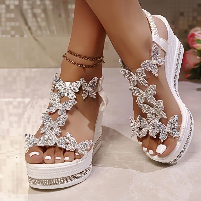 Summer Women'S Wide Width Slip-On Wedge Sandals with Rhinestone Bow Detail