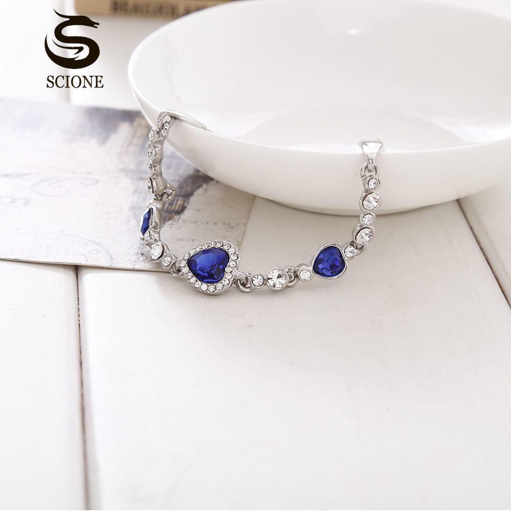 SCIONE Women Jewelry Fashion Ocean Blue Bangle Bracelet Rhinestone Love Heart Austrian Crystal