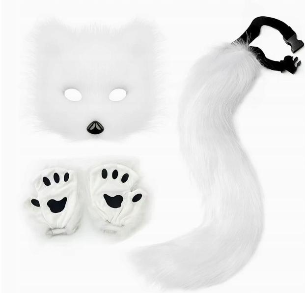 Maska Kot Cosplay Furry Ogon Łapki Mitenki Wilk Lis Futrzak Zestaw 3Szt