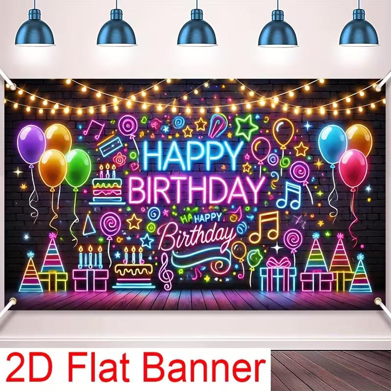 

2D Happy Birthday Background Cloth Neon Style with Cake & Party Hats Banner 47.2x31.5inch/120*80cm