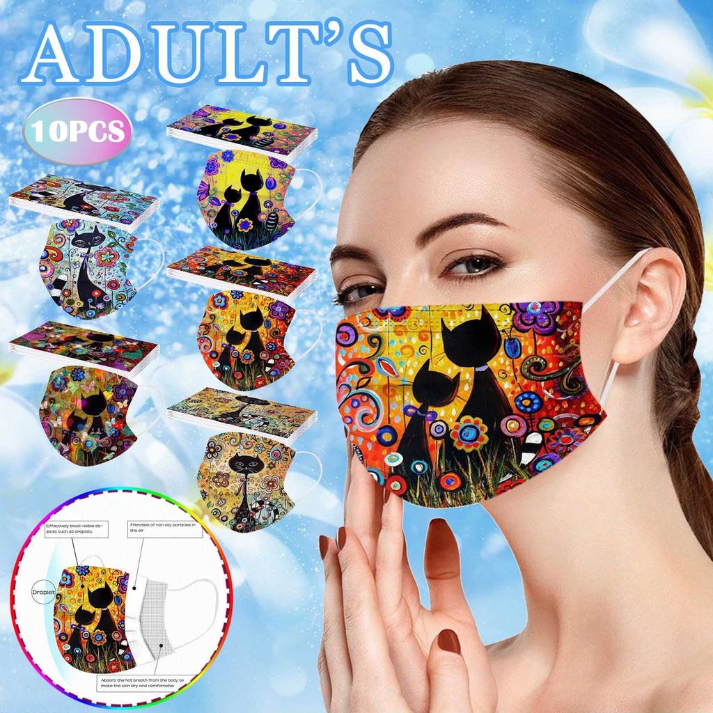 10PC Adult Flowers Cat Cartoons Printing Three-Layer Disposable Protective Mask