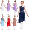 Girls Lyrical Dance Dresses Sleeveless Shiny Rhinestones Flower Pattern Asymmetrical Side Slit Dress Performance Dancewear