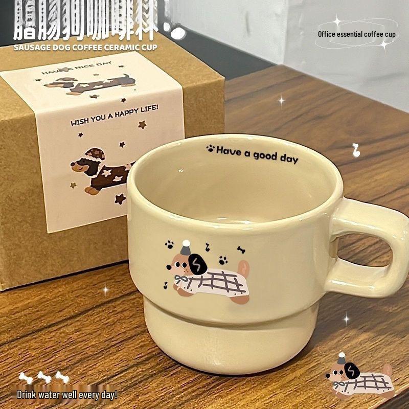 Elegant Dachshund Ceramic Stacking Mugs - Luxury Cartoon Design for Breakfast