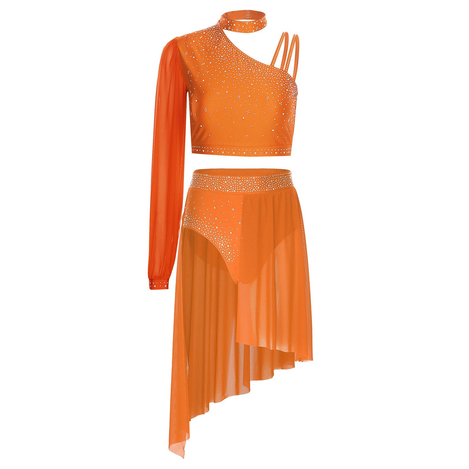

Жіночий костюм для ліричного танцю Блискучий Асиметричний Кроп-топ з стразами Висока талія Шорти-бікіні Костюм з шифоновою спідницею M помаранчевий