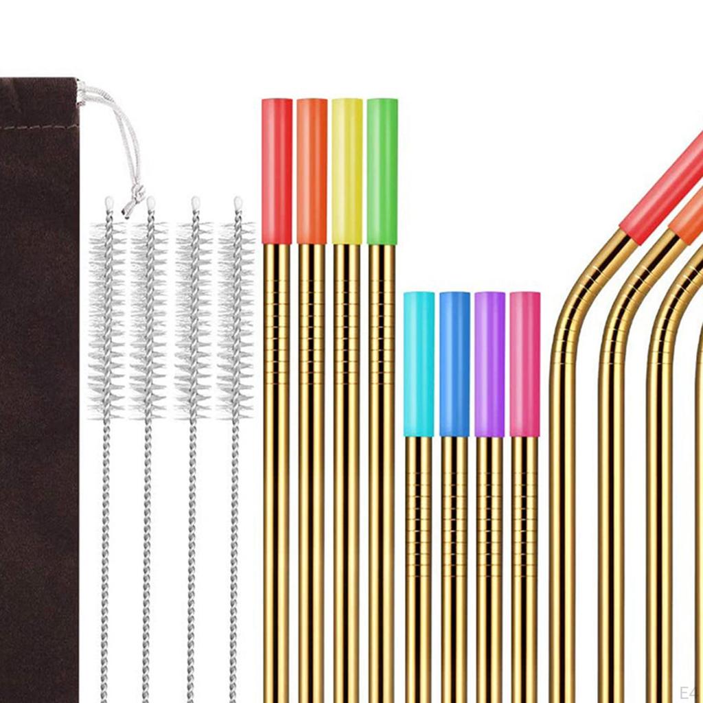 16 Pieces Metal Straws, Colorful Travel with Cleaning Brush Stainless Steel Straw Set Reusable