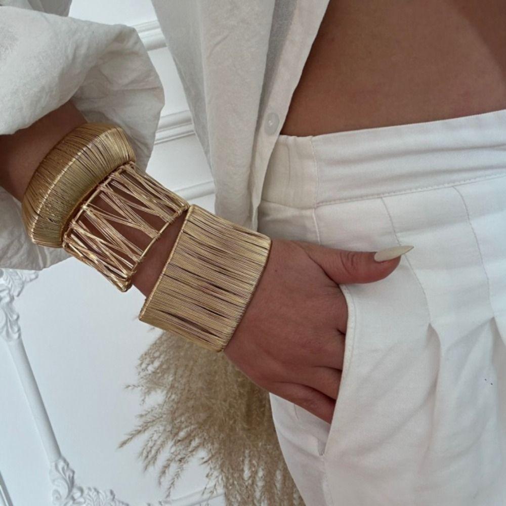 Weave Metal Wire Drawing Bangle Geometry Vintage Bracelet Adjustable Exaggerated Bracelet  Party