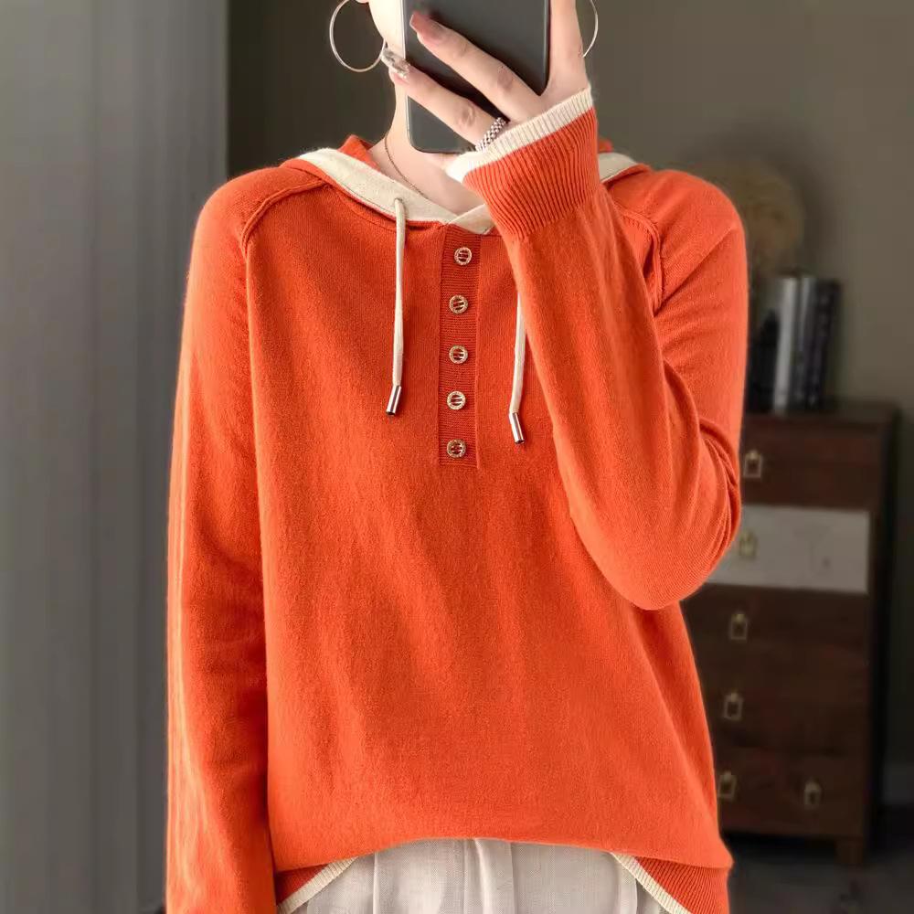 

Осенне-зимняя трикотажная толстовка с капюшоном, женская трикотажная одежда, цветная, с завязками на пуговицах, свободная, повседневная, простая, с завязками на шнурке M тыква