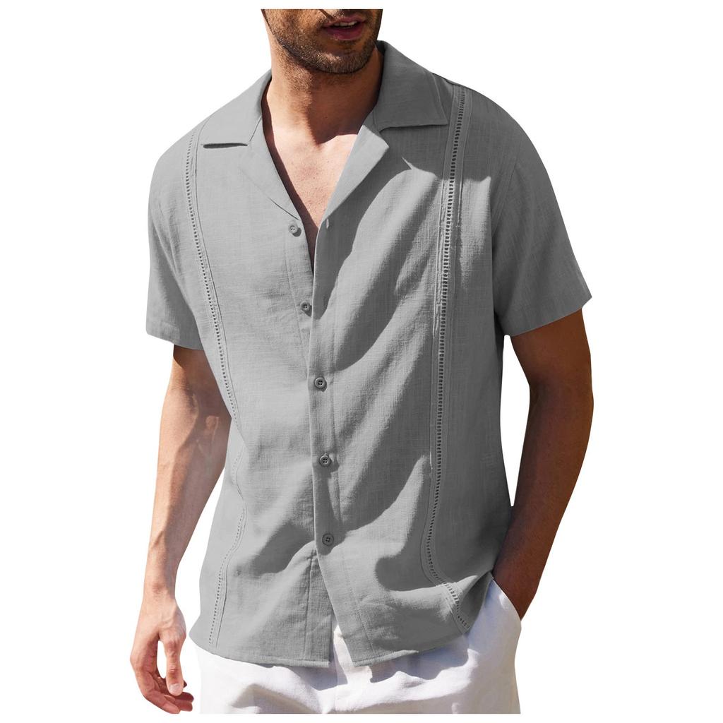 Mens Linen Style Short Sleeve Solid Shirts Casual Fit Formal Dress Top Tee Shirt
