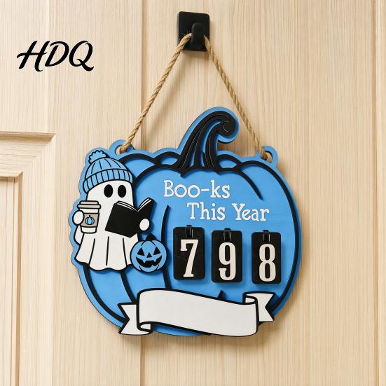 Book Read Counter Halloween Ghost Pumpkin Reading Tracker Wooden Hanging Sign Sliding