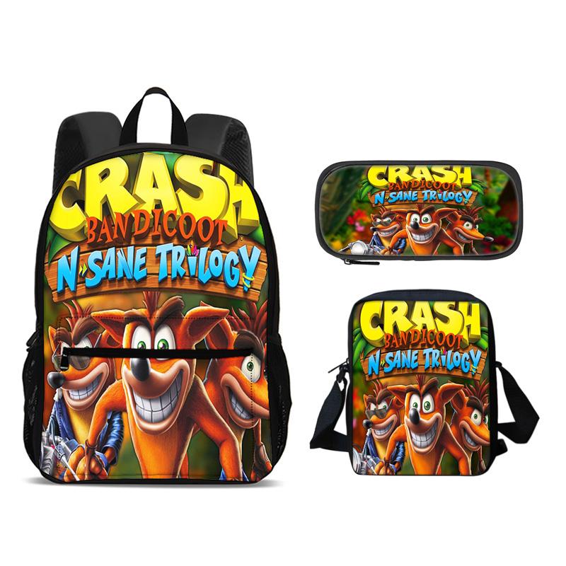 Crash Bandicoot backpack, pencil case, shoulder bag, 3Pcs Set, cartoon print, best school outdoor travel companion for students