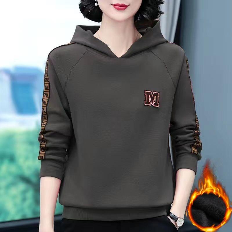 

Hooded Sweater Women s Autumn and Winter Plus Velvet Middle-aged Casual Loose Age-reducing Simple Long-sleeved T-shirt S сірий