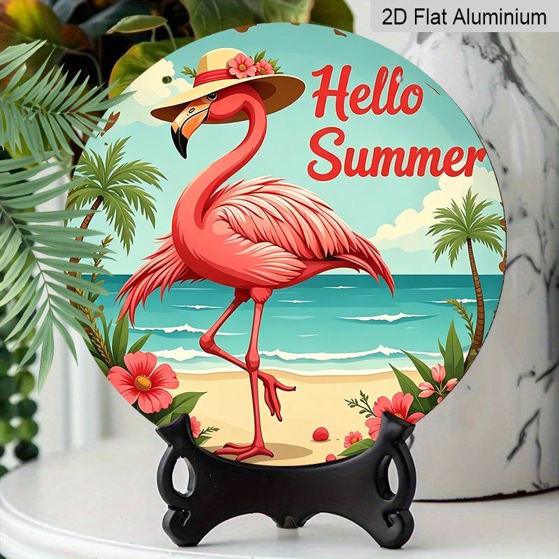 2D Flache Aluminium-Dekoschilder und -Plaketten im Sommer-Thema in verschiedenen Größen. Wanddekorationen mit Flamingomuster und Sonnenhüten, Sommer-Bauernhaus-Stil