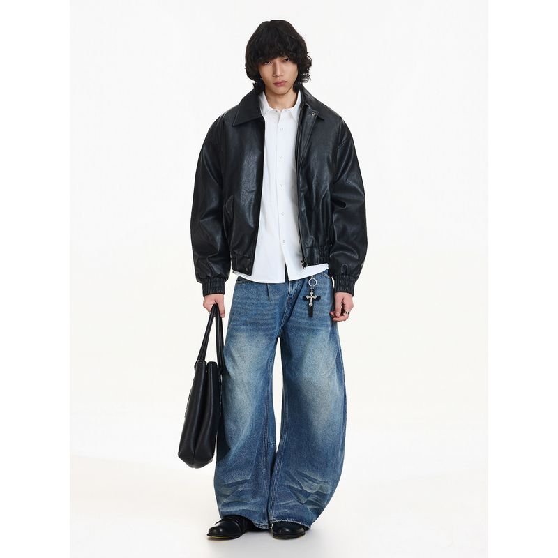 Blaexit Winter Retro Short Padded Leather Jacket Men's Thickened Boxy Short Wide Flight Jacket Cotton Coat