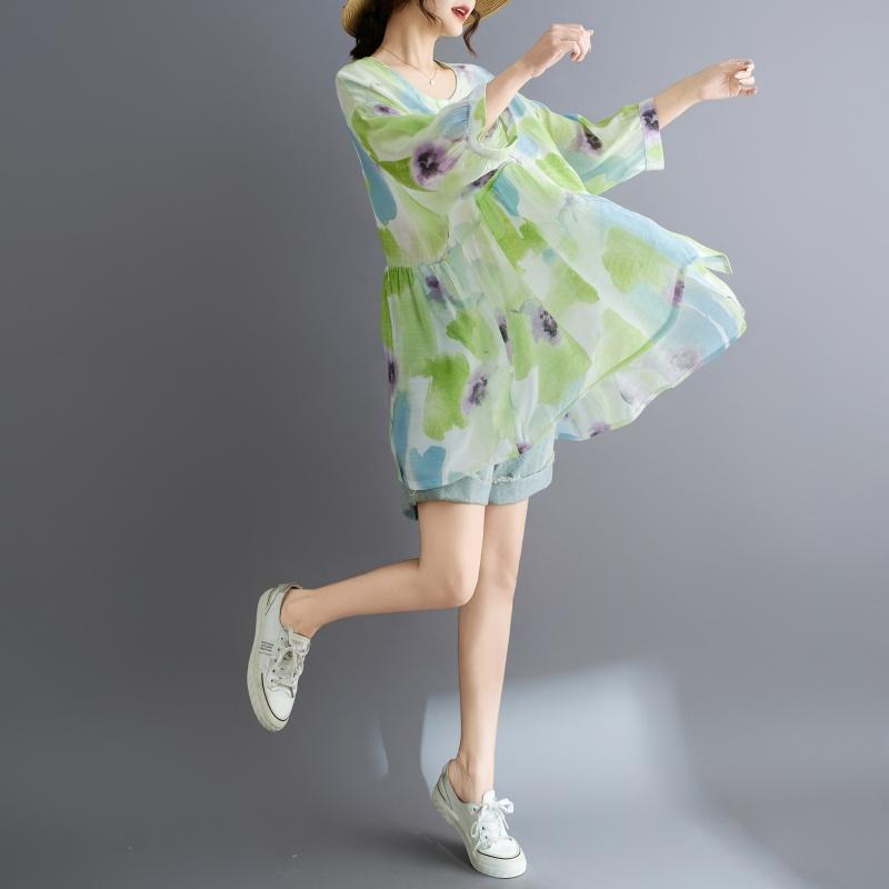 Dimanaf 2025 Letní košile nadměrné velikosti Nová halenka Dámská Knoflíky Dlouhý rukáv Volná Potisk Dámské topy