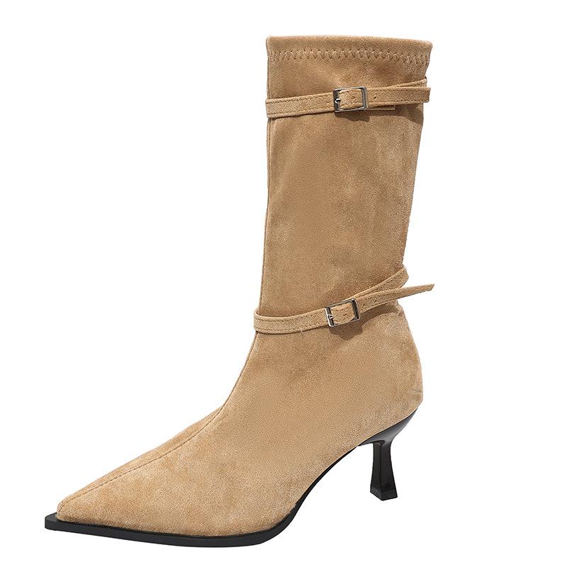 2025 Fashion Pointed Heel Suede French Skinny Boots Fashion Buckle Khaki Medium Tube Pleated Stacking Boots