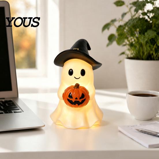 Halloween Ghost Figurine Figurine, Cute Resin Holding Pumpkin Whimsical Statue for Desk Tabletop Indoor Home Decor Healing Room Accessory