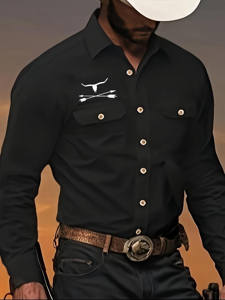 2025 Denim Series Bullhead Print Men's Casual Button-Down Shirt with Turn-Down Collar