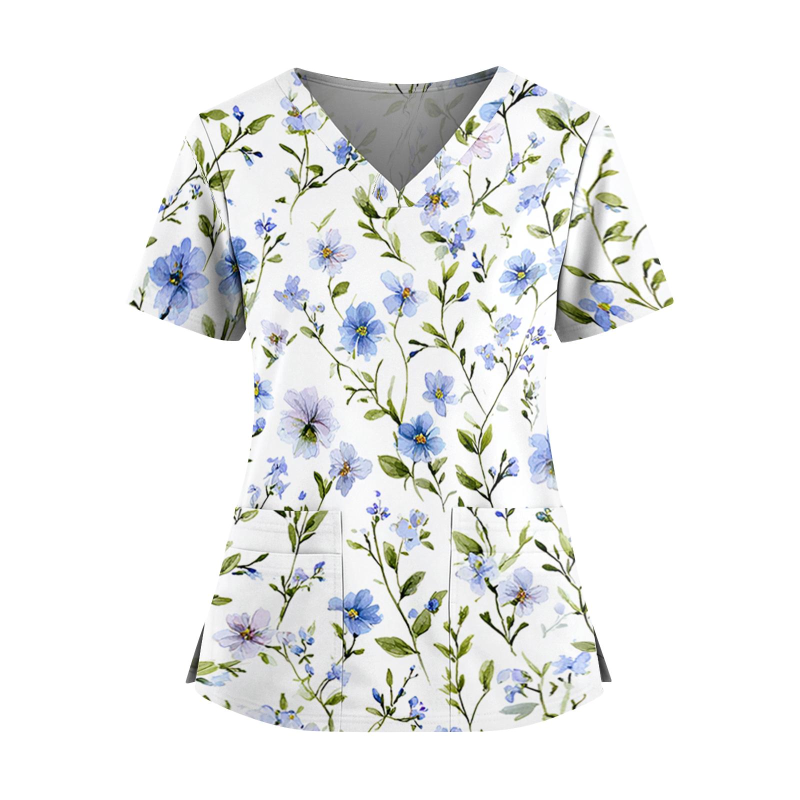Women’s Short Sleeve V Neck Floral Printed Blouse Loose Fit Lightweight Pullover Top for Daily Wear Office Casual Use M