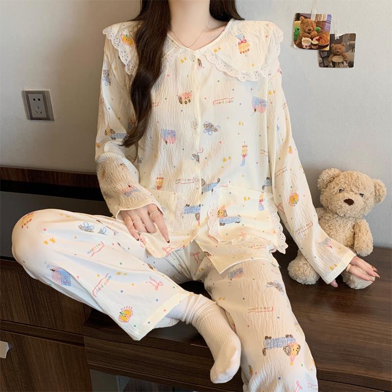 Cartoon Lace Doll Collar Cloud Cotton Long-Sleeved Pajamas Women'S Spring And Autumn Winter Sweet Wind Loungewear