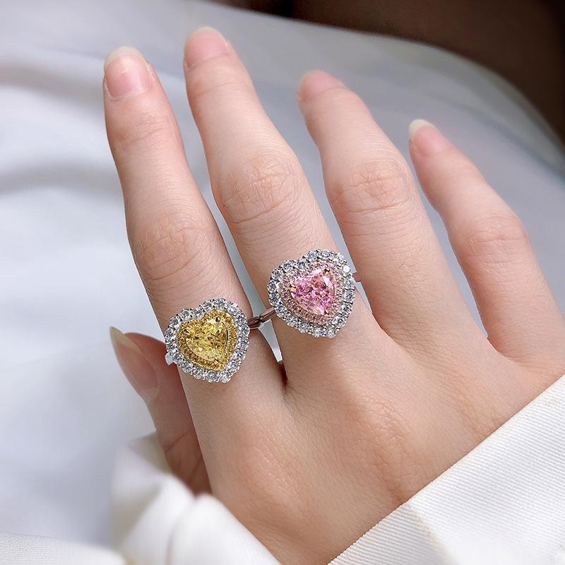 Longlongjin S925 Silber Herzförmiger Rosa Simulierter Diamanten Cluster Ring