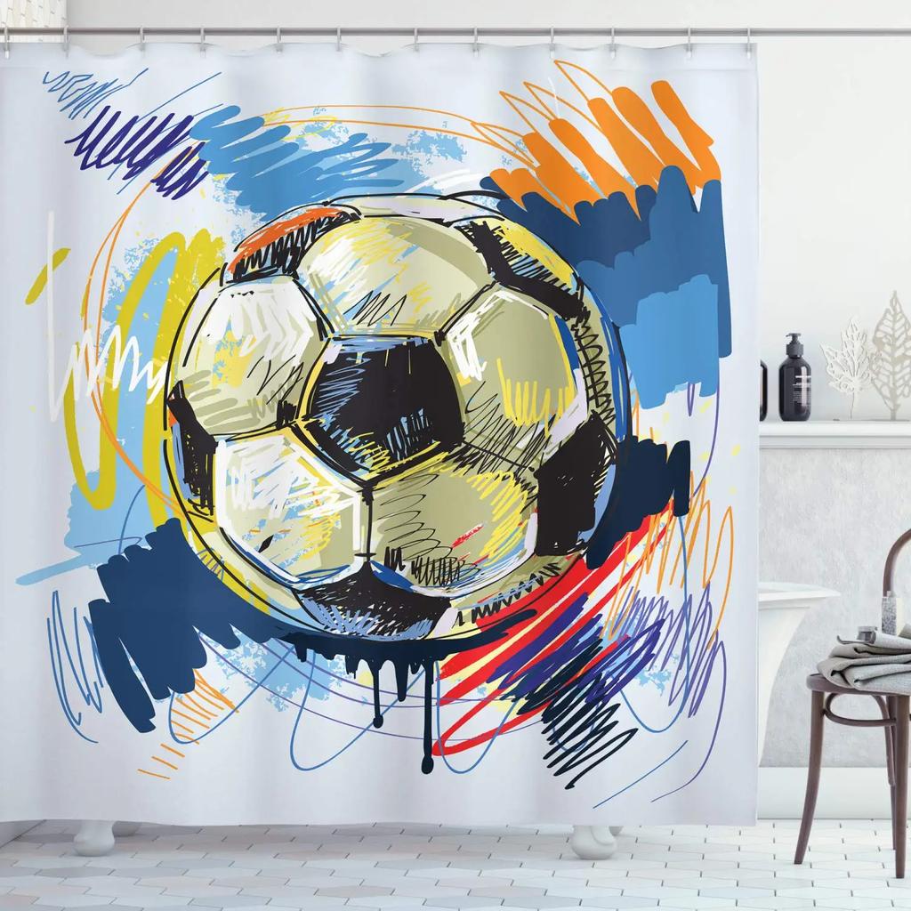 Abstract Football Pattern Shower Curtain Sport Theme Soccer Black and White Colors Waterproof Polyester Bath Curtain with Hooks