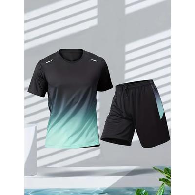 Pánské sportovní oblečení, krátký rukáv a šortky z ledového hedvábí na běhání, pánské oblečení na stolní tenis a badminton, tričko s přechodem barev
