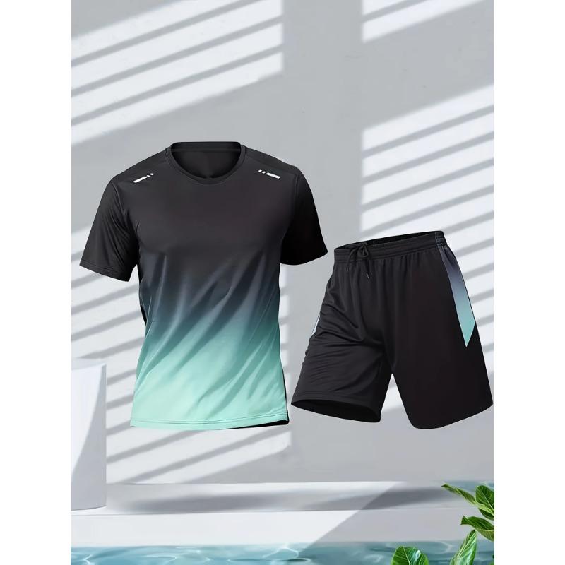 Men's sportswear, ice silk short sleeves and shorts running clothes, men's table tennis and badminton wear gradient T-shirt