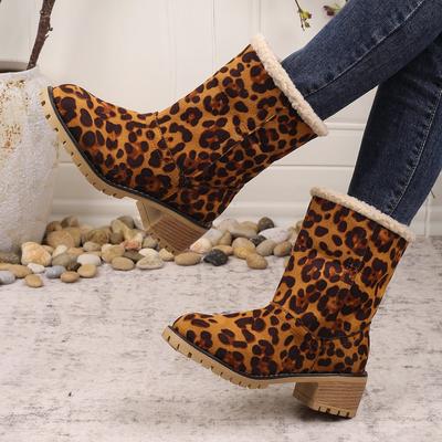 Winter New Mid-heel Leopard Print Short Plush Snow Boots Fashion Round Head Design Comfortable Women Boots Size 36-42