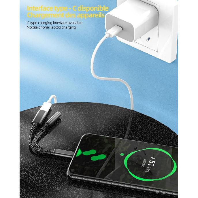 USB-C to 3.5mm Audio Adapter Charger Dongle Cord 2 in 1 DAC Type C Aux Splitter Cable for iPhone15 Pro Max iPad Pro Compatible for Samsung Galaxy S20