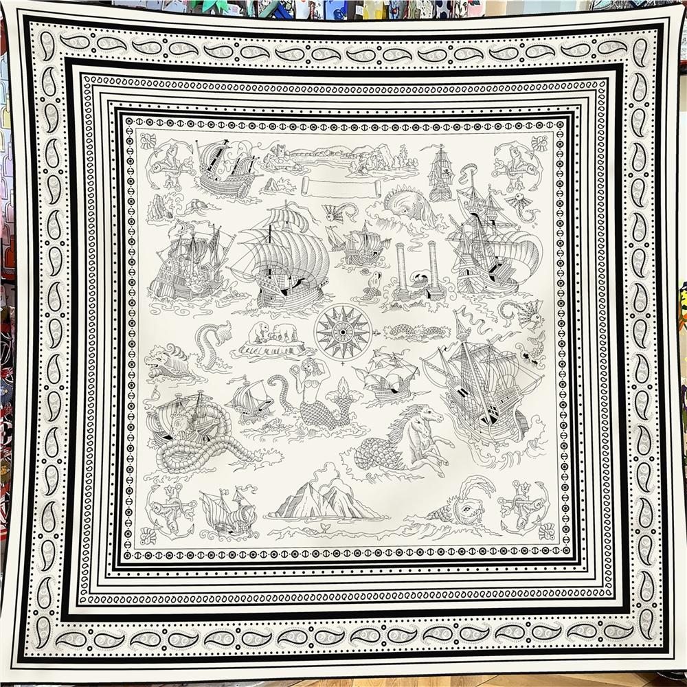 POBING 30% Silk 70% Cashmere Scarf Women Hand Rolled Horse Print Square Scarves Wraps Bandana Big Hijabs Female Foulard 135CM