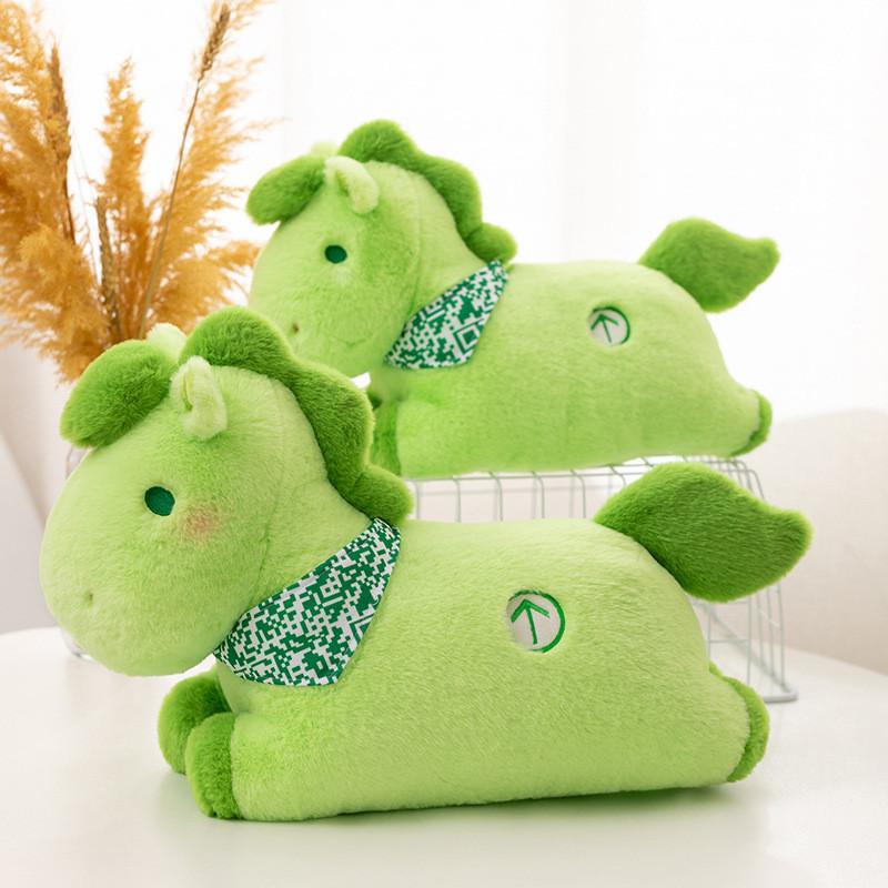 Green Horse Plush Toy With Mosaic Scarf Decor And Embroidery Design For Kid Gift