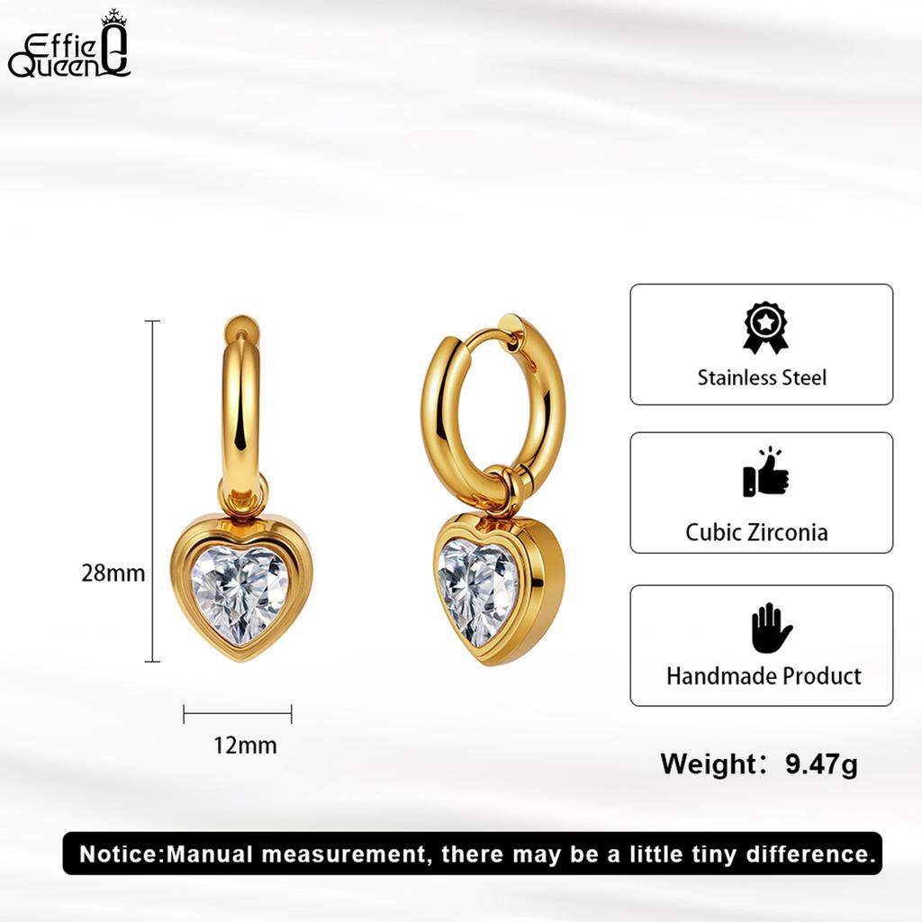 Effie Queen Ohrhänger aus Edelstahl und 18-karätigem Gold mit herzförmigem Zirkonia – romantischer Schmuck für Damen, Hochzeit, Party, Bankett STKE10