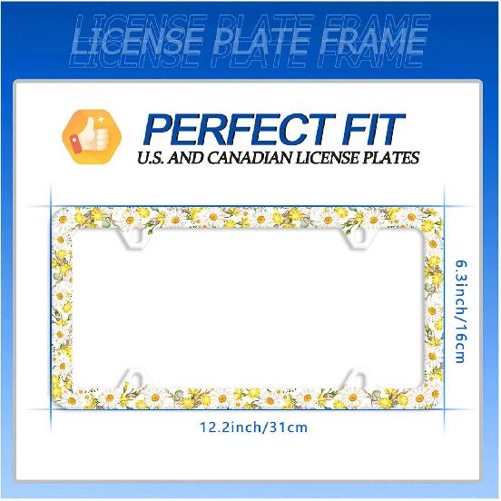 Daisy Flower License Plate Frame Beautiful Floral License Plate Stainless Steel Auto Parts Funny License Plate Decorative With Screws Size 12.3" X