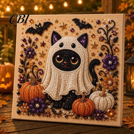 3d Faux Pearl Mosaic Art for Adults Halloween Kit, Cute Ghost Skeleton Painting Room Decor DIY 3D Craft Kit Adults, Fall Home Handmade Gift Lovers