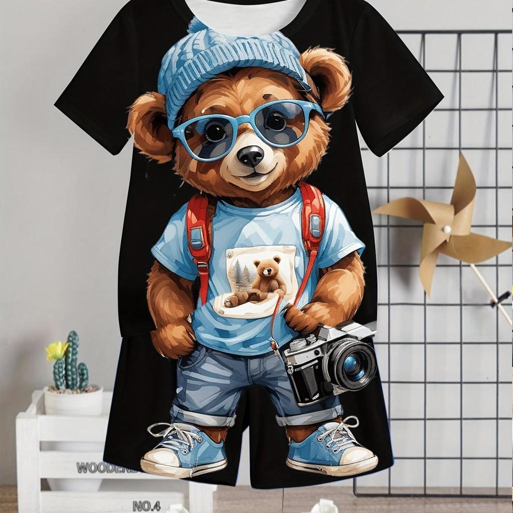 Children's Clothing 2-piece Set, Boys' Fun Cartoon Bear Print Short Sleeved T-shirt Shorts Set, Summer Sports
