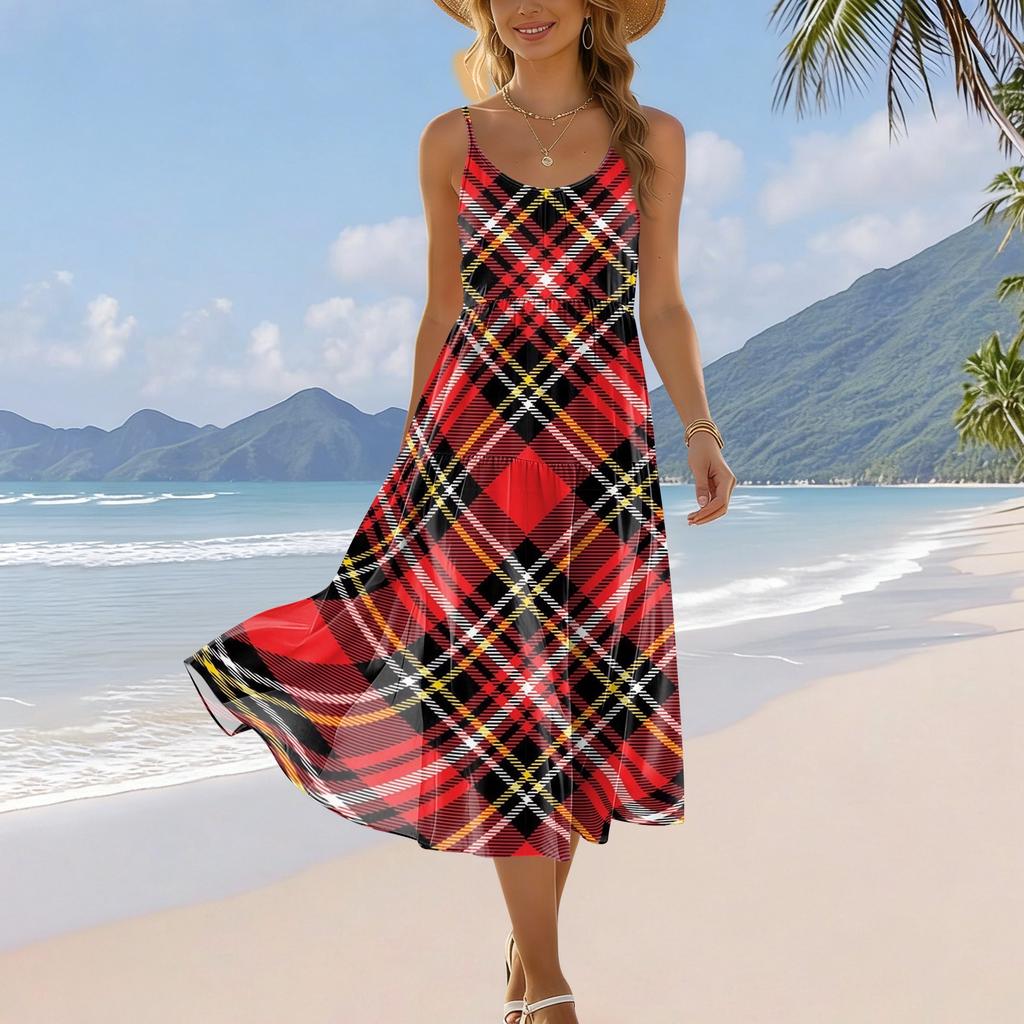 Damen Sommer Karo-Print Verstellbarer Träger Ärmellos Bohemian Lässig Strand Urlaubs Midi-Kleid mit Taschen