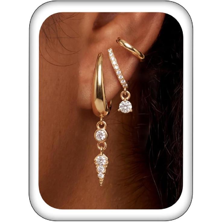 Triple Huggie Stacked Earrings for Women Gold Chain Drop Dangle Earrings Cute Statement CZ Earrings Trendy Dainty Jewelry Gift