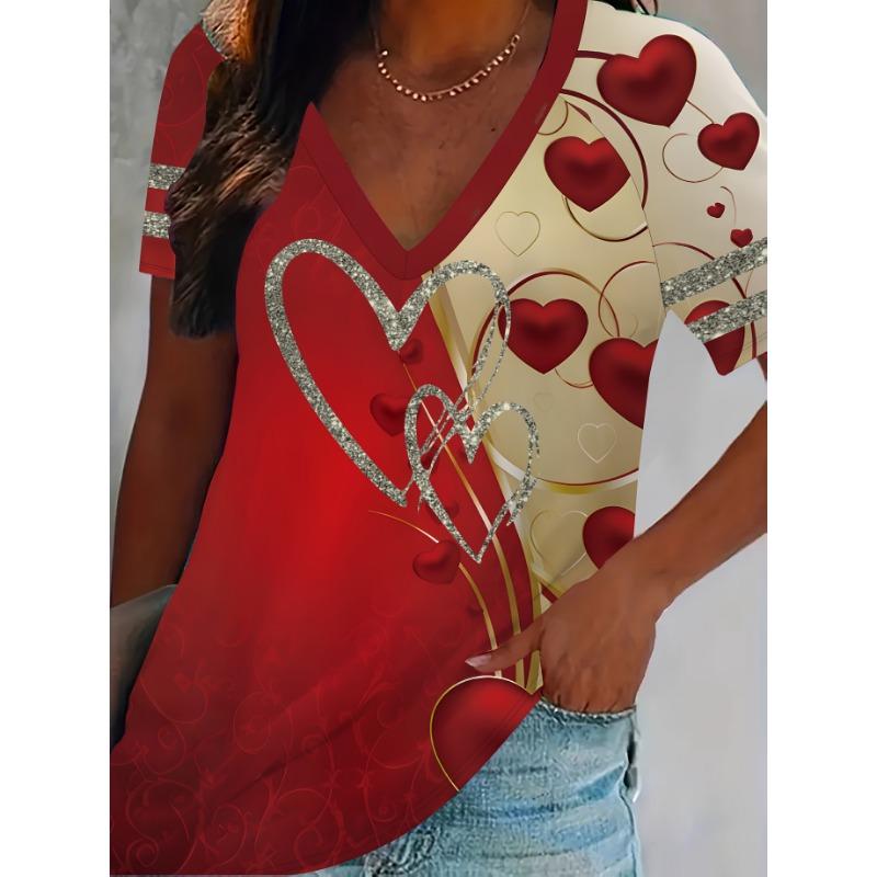 Ladies  Fashion and Leisure 3D Love Flower Printed V-neck Raglan Sleeve T-shirt S